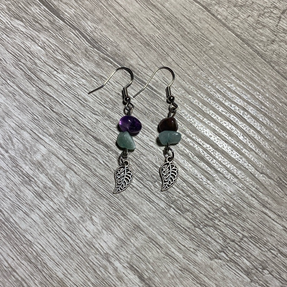 Amethyst and green aventurine crystal leaf dangle earrings